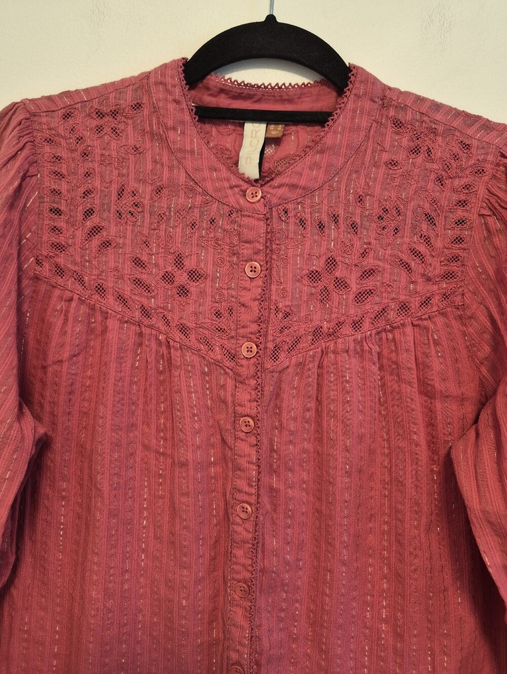 Anthropologie Pilcro The Victoria Lace Button Down Blouse Pink Metallic Sz 14 - Picture 5 of 14